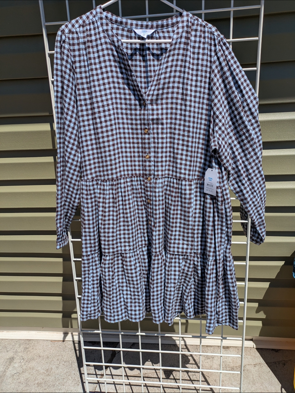 Women's Long Sleeve Black And Blue Gingham Tiered Prairie Boho Country Dress